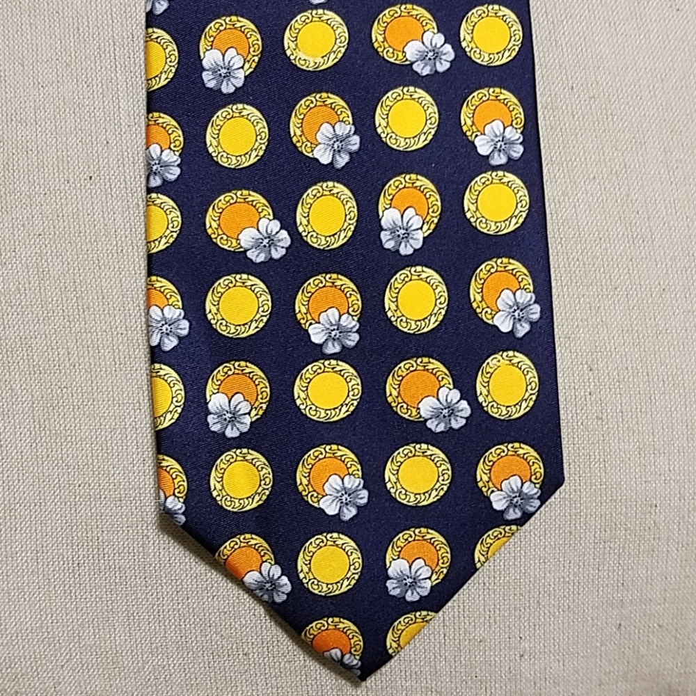 Gianni Versace Flower Circle Navy Gold Vintage Tie